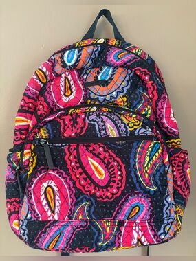 Vera Bradley Large Quilted Backpack Pink Paisley Pattern Dark Blue Background
